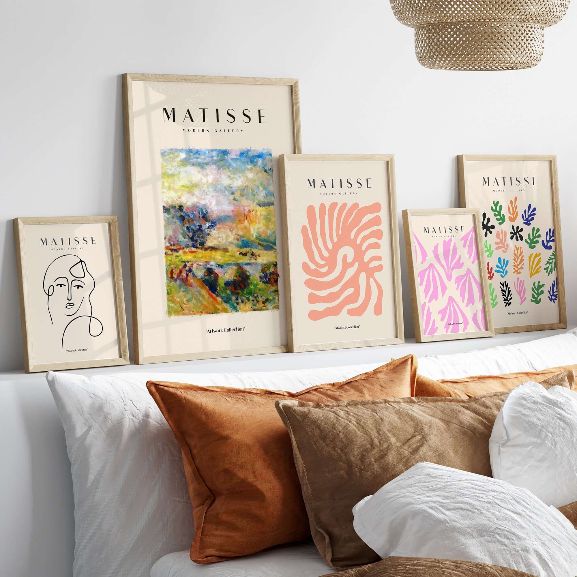 Matisse Art Prints - Abstract Painterly Landscape Bridge Poster displayed on a wall above a cozy sofa with decorative cushions.