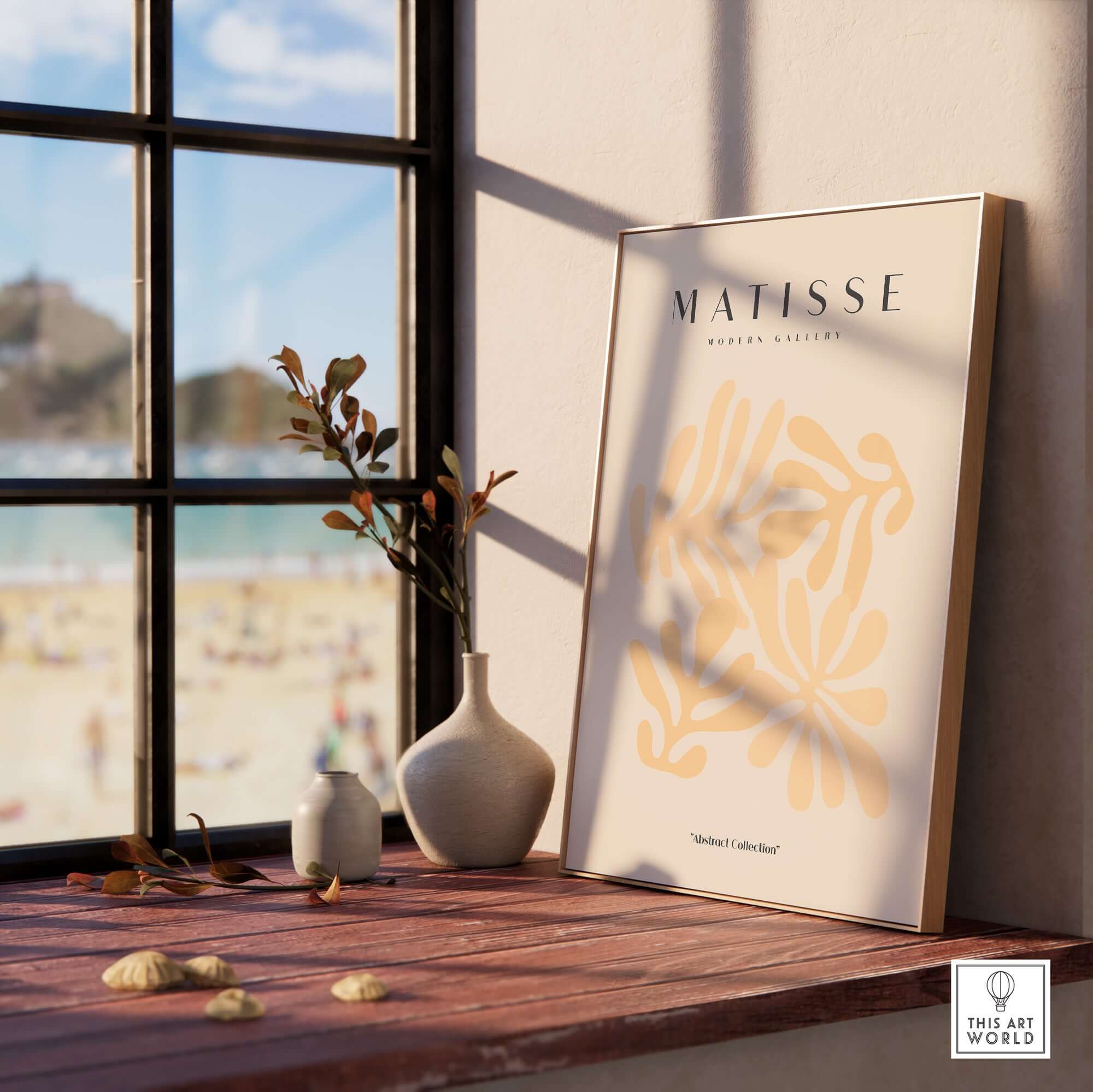 Matisse Art Prints - Pale Peach Abstract Shapes Wall Art displayed in a stylish room with coastal view.