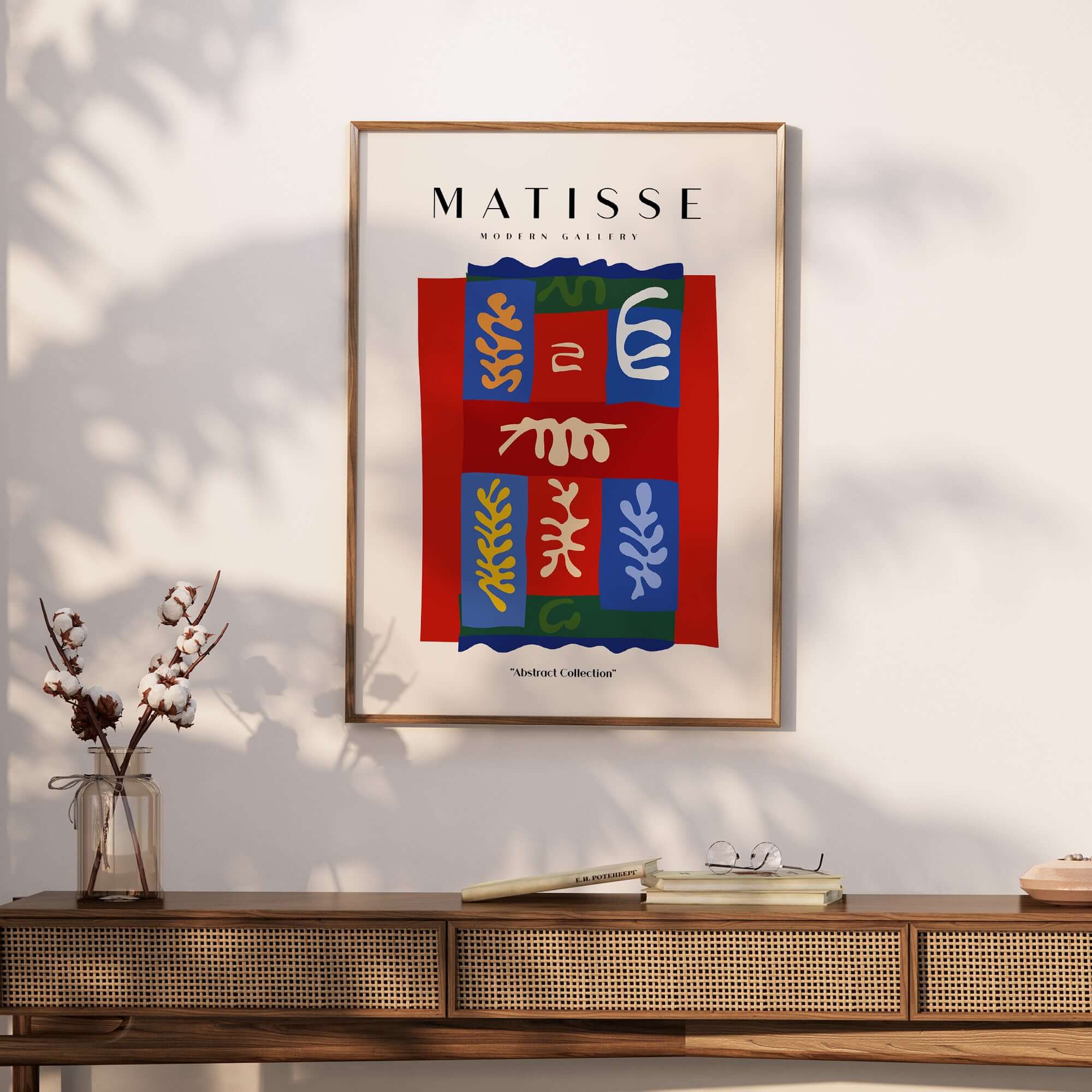 Matisse Art Prints - Patchwork Shapes Composition Poster displayed on a wall, showcasing vibrant abstract designs and colors.