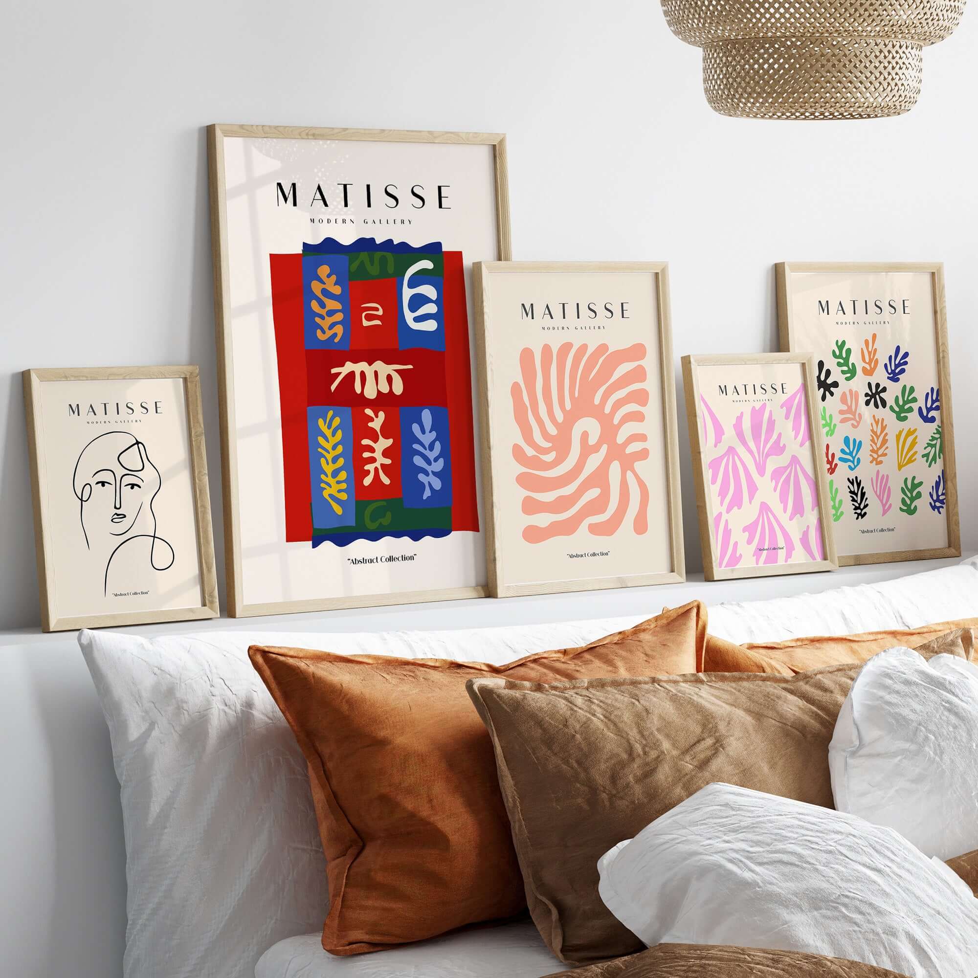 Matisse Art Prints - Patchwork Shapes Composition Poster displayed in a cozy living room setting with colorful decor elements.