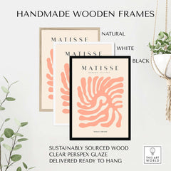 Matisse Art Prints - Peach Coral Swirl Abstract Poster showcased in handmade wooden frames: natural, white, black.
