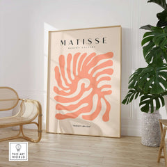 Matisse Art Prints - Peach Coral Swirl Abstract Poster in a modern living room with decorative elements.