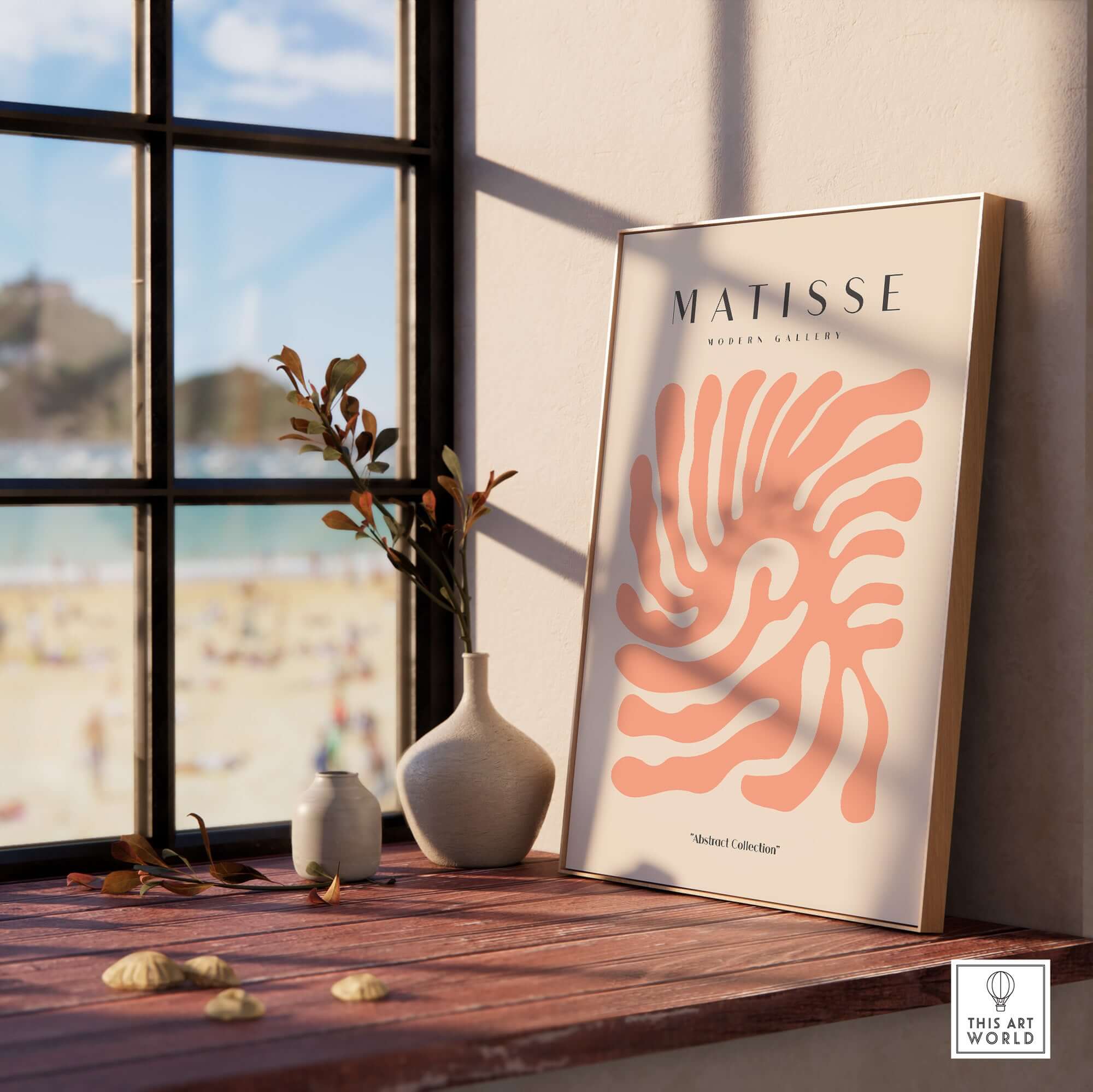 Matisse Art Prints - Peach Coral Swirl Abstract Poster displayed in a sunlit room with beach view.