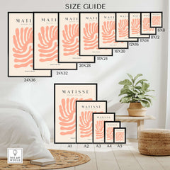 Matisse Art Prints - Peach Coral Swirl Abstract Poster size guide showing various frame sizes and dimensions.