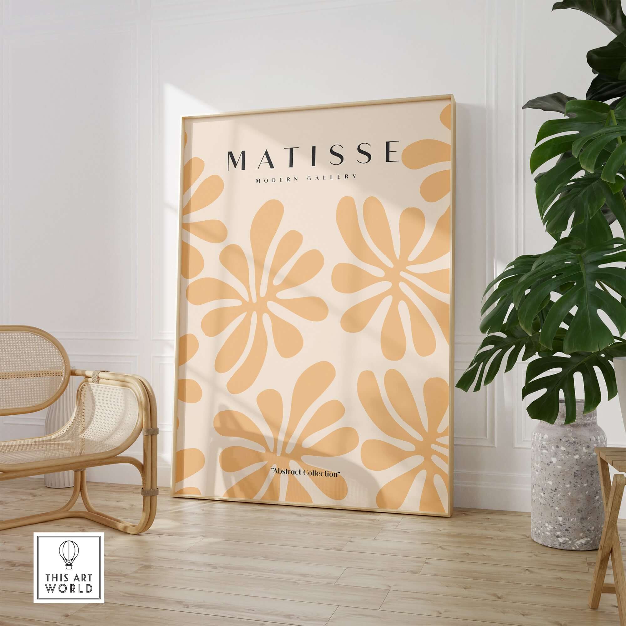 Matisse Art Prints - Peach Floral Abstract Pattern Print displayed in a stylish room with neutral tones and plants.