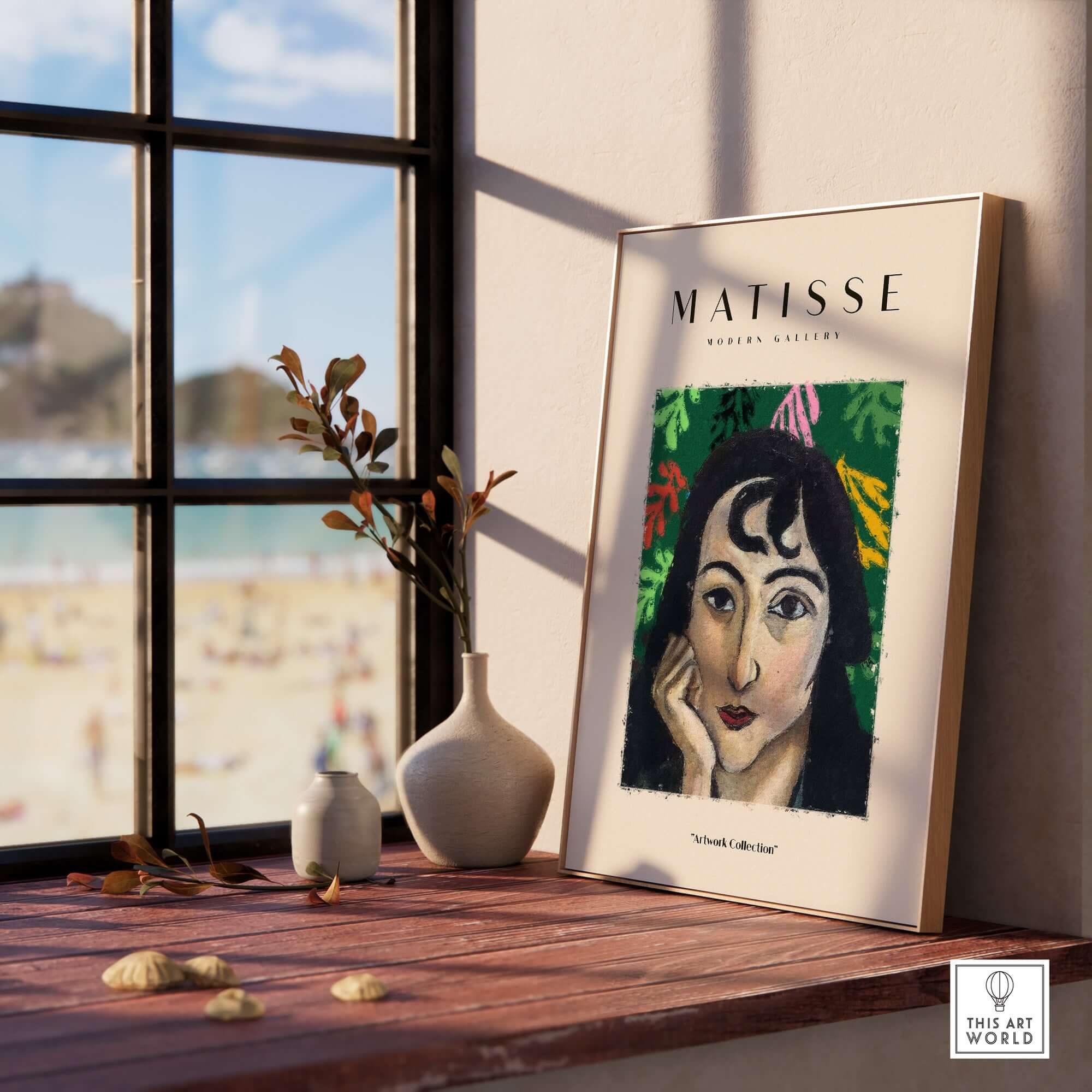 Matisse Art Prints - Pensive Woman Poster in a sunlit setting with a beach view.