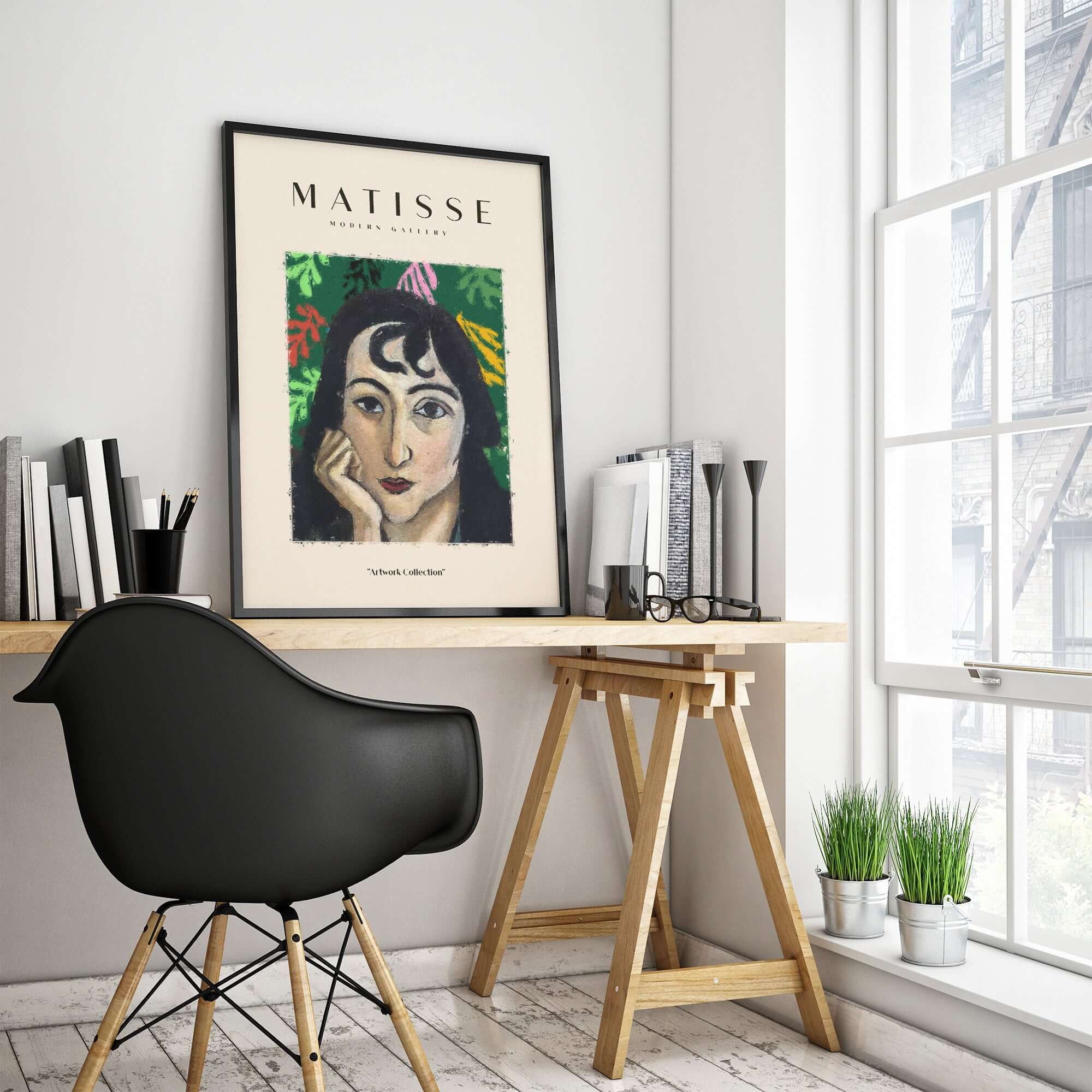 Matisse Art Prints - Pensive Woman Poster displayed in a modern home office setting with greenery and a stylish chair.