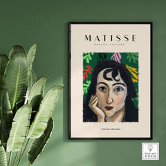 Matisse Art Prints - Pensive Woman Poster displayed in a modern gallery setting with abstract background.