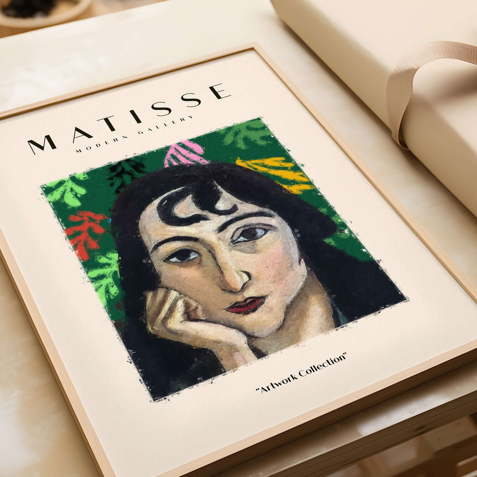 Matisse Art Prints - Pensive Woman Poster in a framed display featuring a thoughtful woman portrait with abstract leaves.