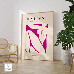 Matisse Art Prints - Pink Abstract Nude Figure Art Print displayed in a modern gallery setting.