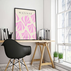 Matisse Art Prints - Pink Abstract Shapes Pattern Poster displayed in a modern workspace with a stylish black chair.
