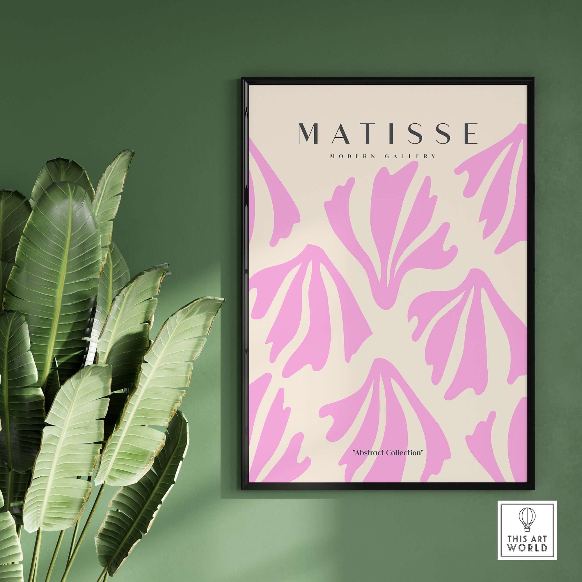 Matisse Art Prints - Pink Abstract Shapes Pattern Poster displayed in a frame against a green wall with plants.