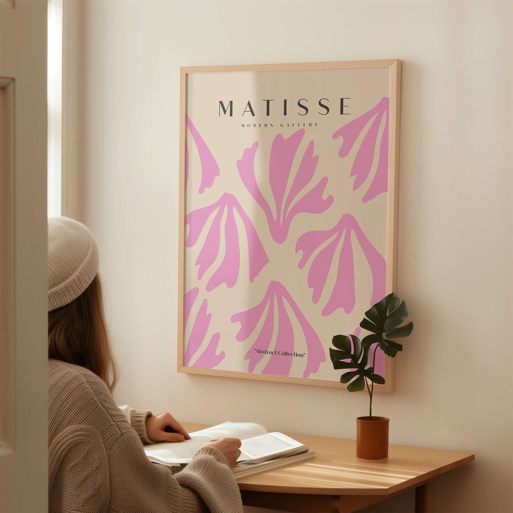Matisse Art Prints - Pink Abstract Shapes Pattern Poster displayed on a wall, enhancing contemporary home decor.