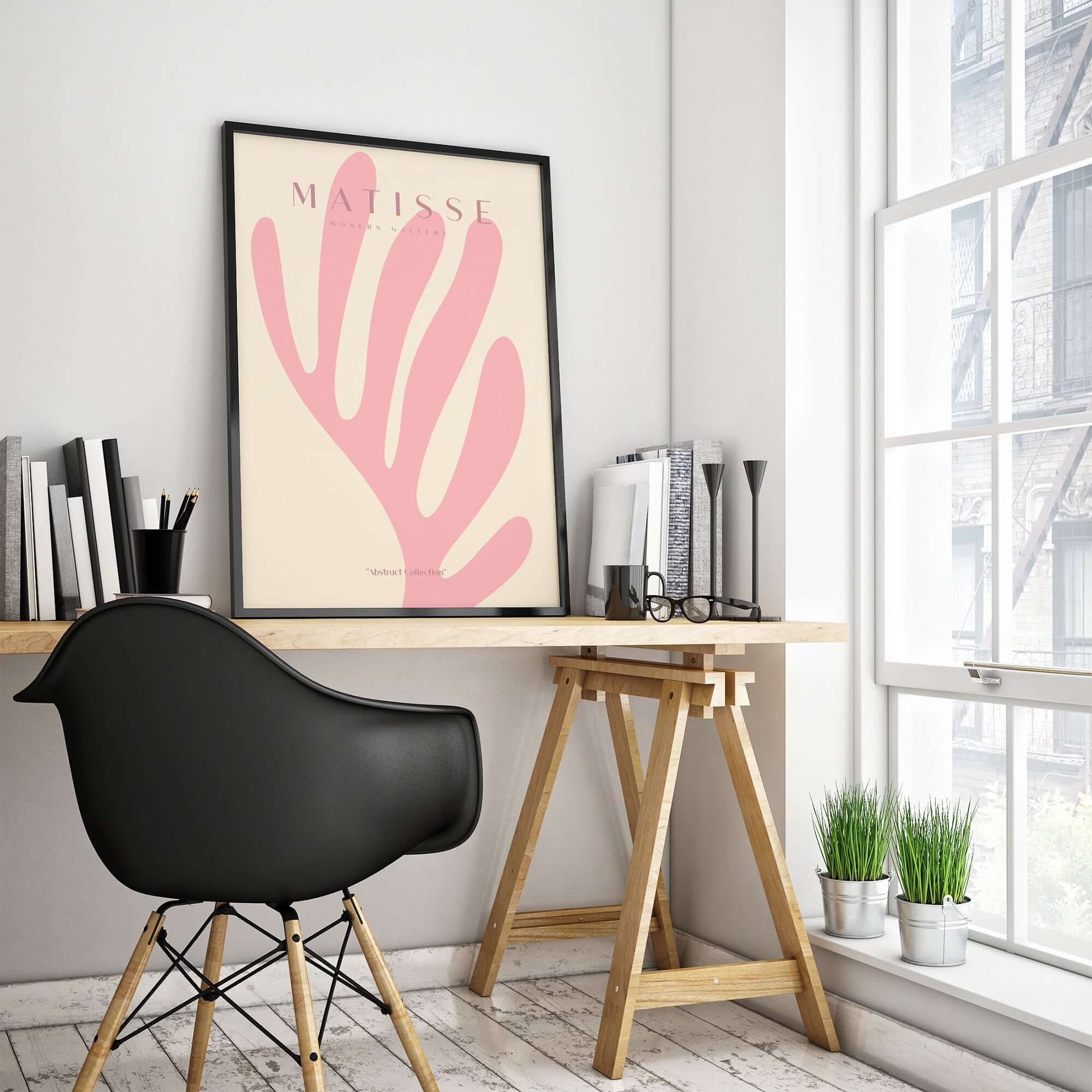 Matisse Art Prints - Pink Coral Leaf Abstract Botanical Poster displayed in a stylish workspace with desk and chair.