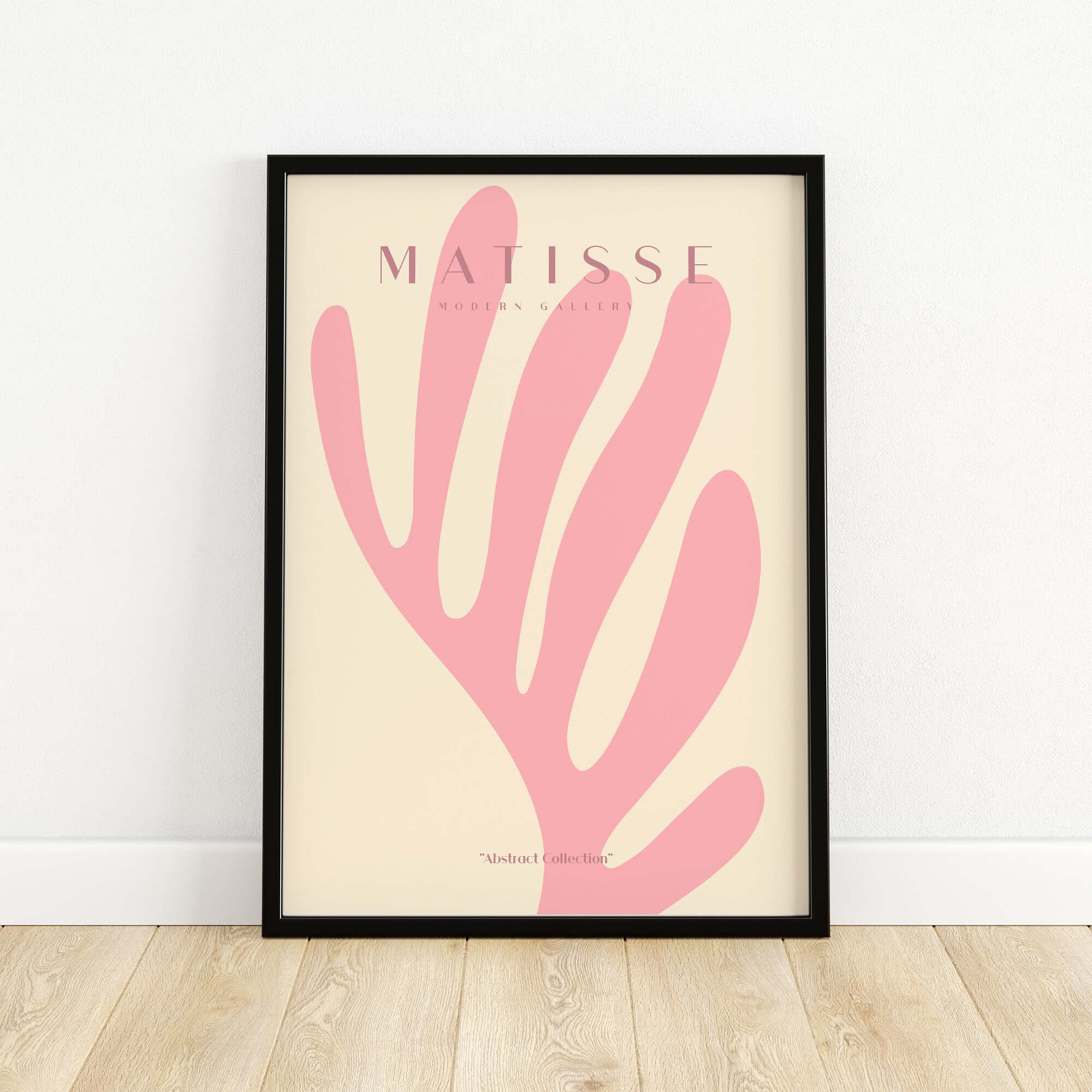 Matisse Art Prints - Pink Coral Leaf Abstract Botanical Poster featuring a coral pink leaf design on a beige background.