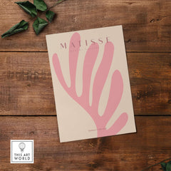 Matisse Art Prints - Pink Coral Leaf Abstract Botanical Poster featuring soft coral pink leaves on warm beige background.