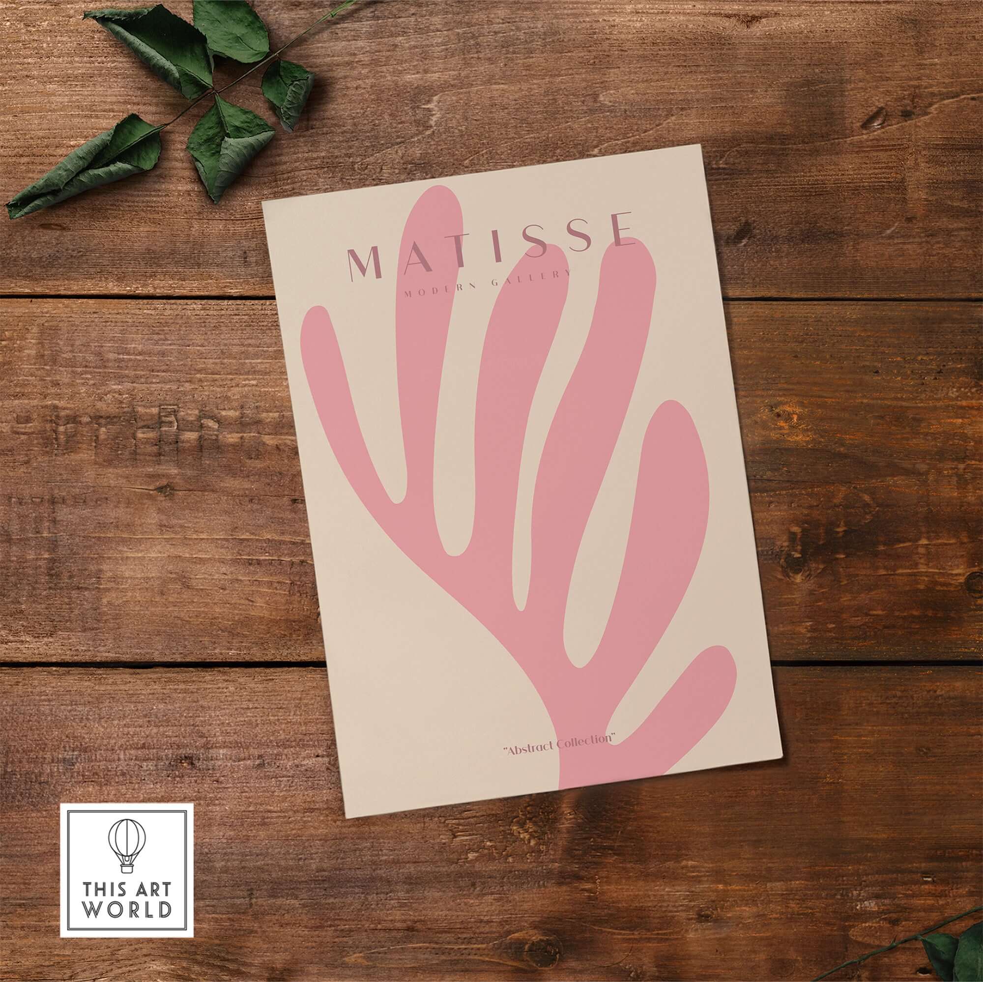Matisse Art Prints - Pink Coral Leaf Abstract Botanical Poster featuring soft coral pink leaves on warm beige background.