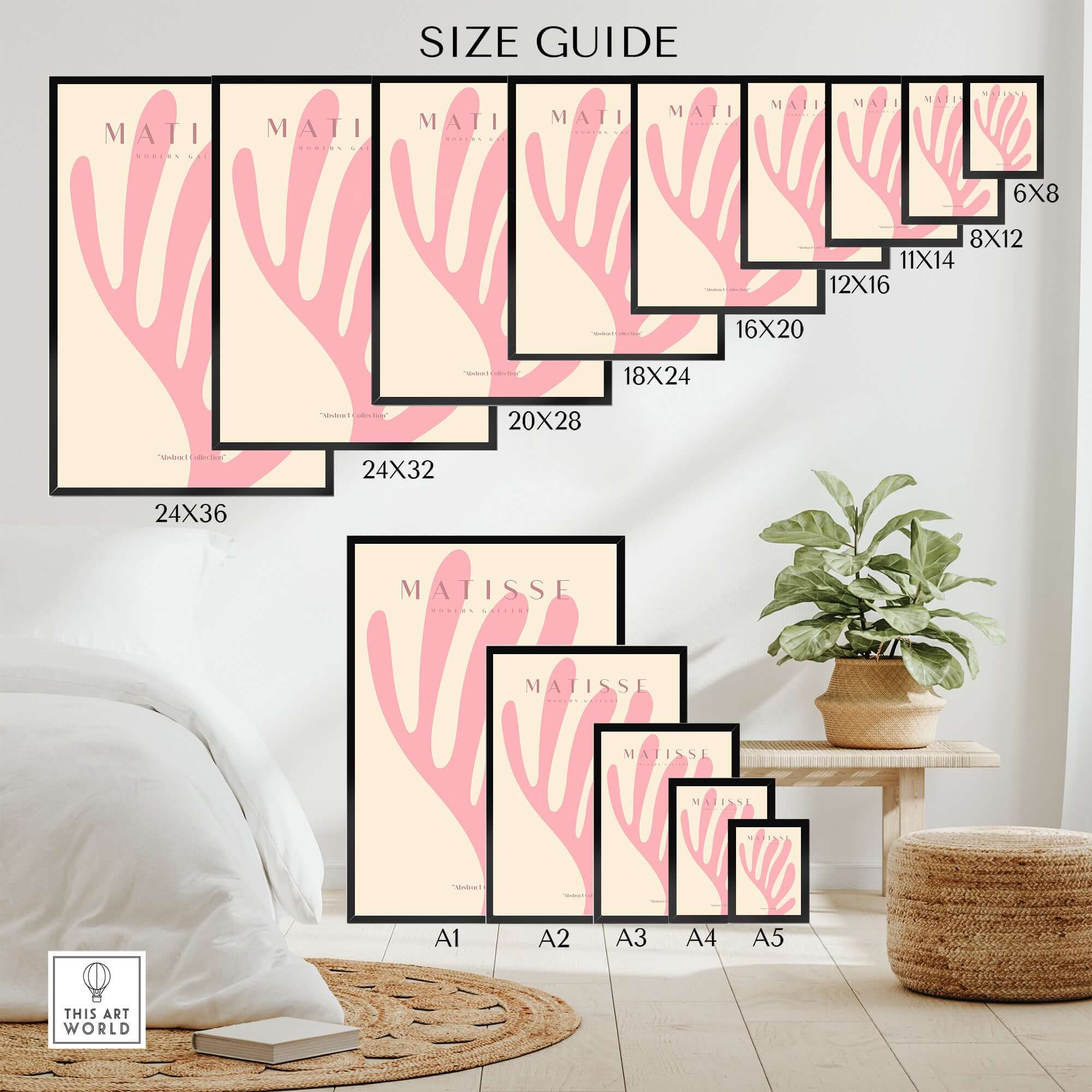 Matisse Art Prints - Pink Coral Leaf Abstract Botanical Poster size guide showcasing various frame sizes and designs.