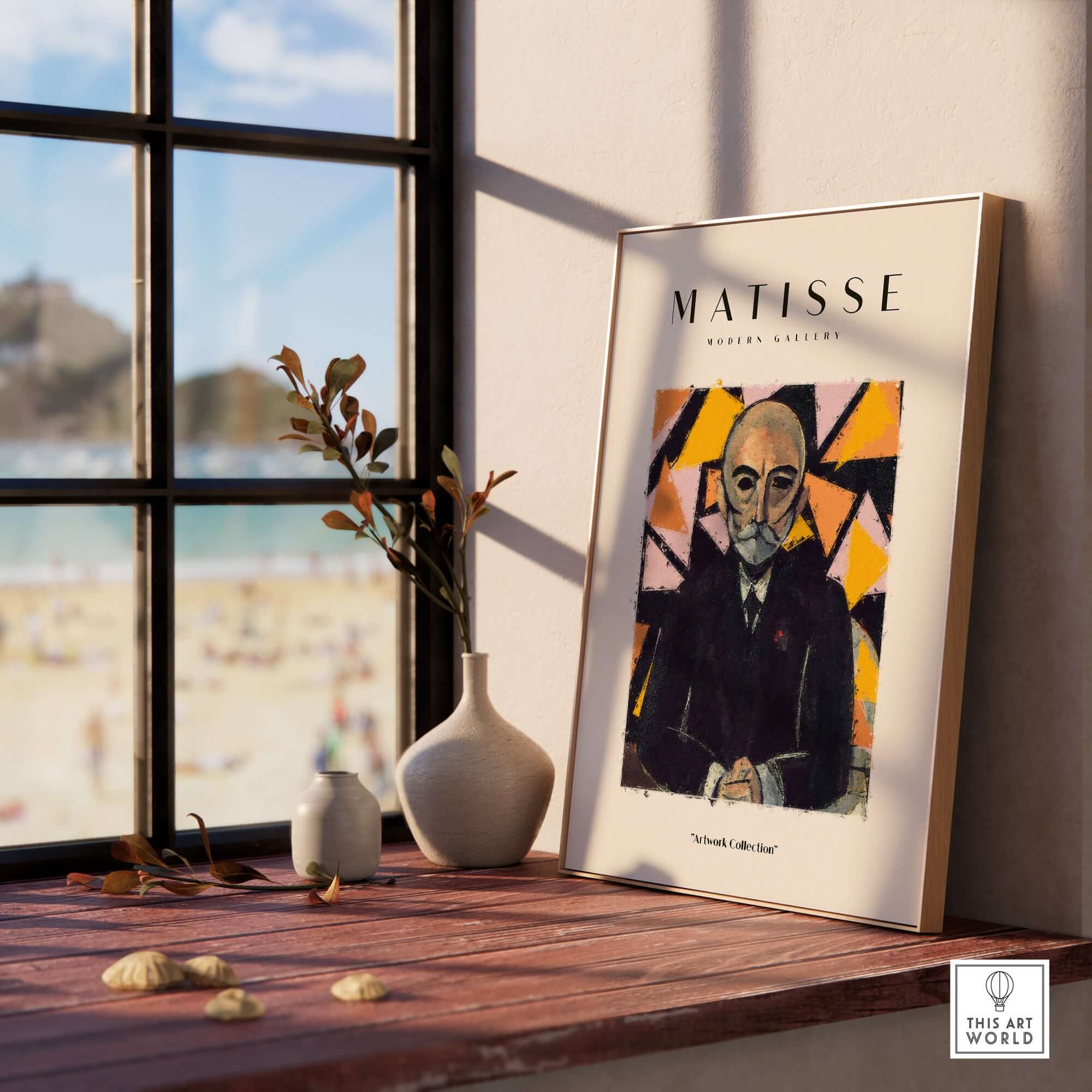 Matisse Art Prints - Portrait Man in Suit Geometric Wall Art framed on a shelf with a beach view behind it.