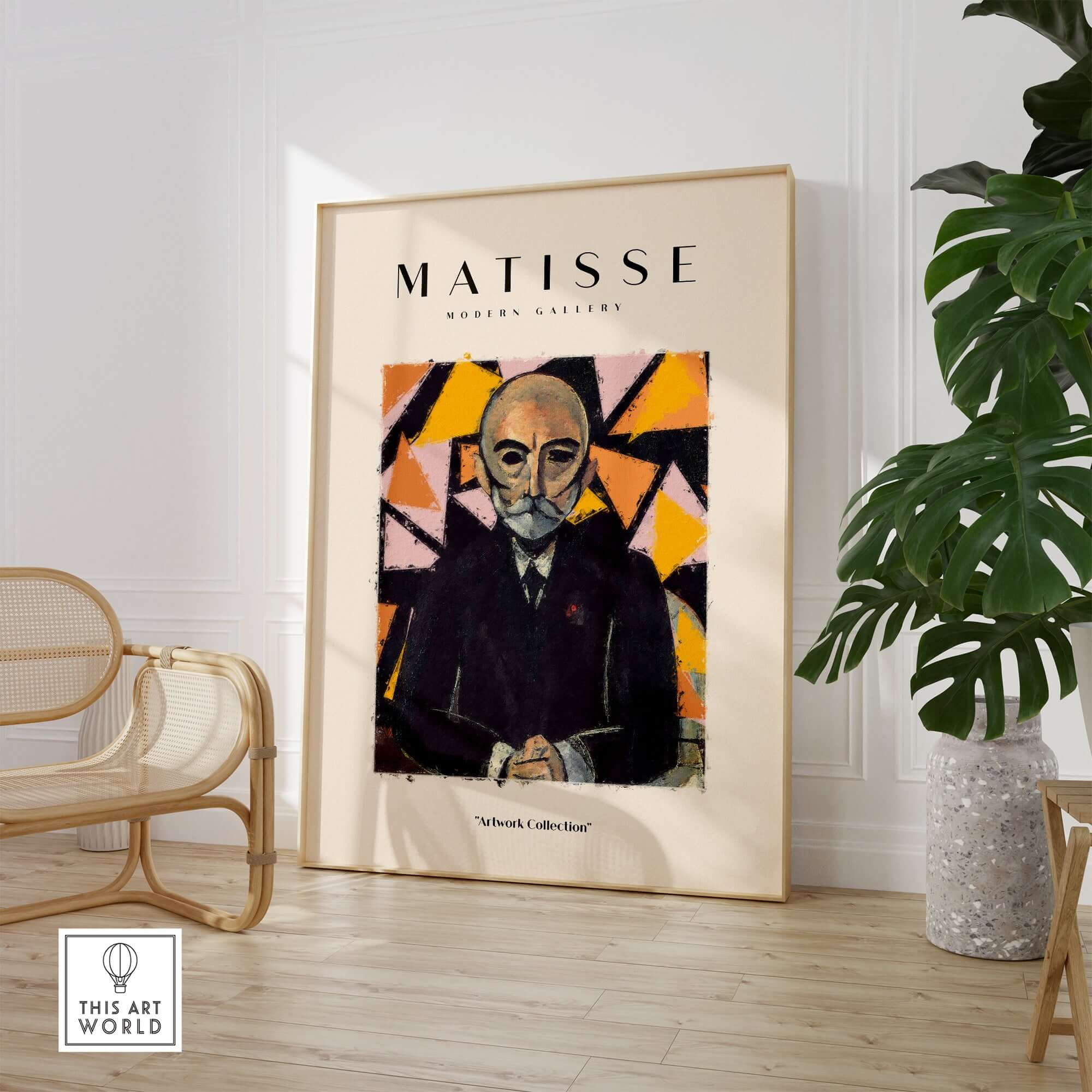 Matisse Art Prints - Portrait Man in Suit Geometric Wall Art framed in modern decor with a striking geometric background.