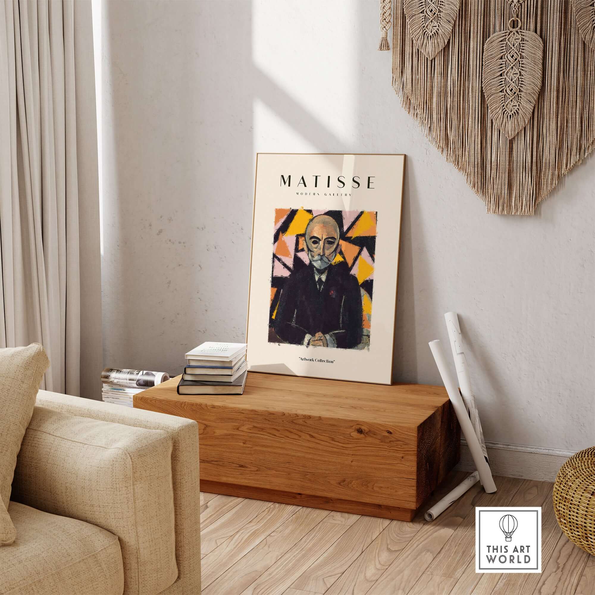 Matisse Art Prints - Portrait Man in Suit Geometric Wall Art displayed in a modern living room setting.