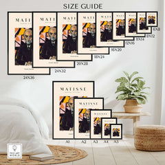 Matisse Art Prints - Portrait Man in Suit Geometric Wall Art size guide showcasing various frame dimensions.