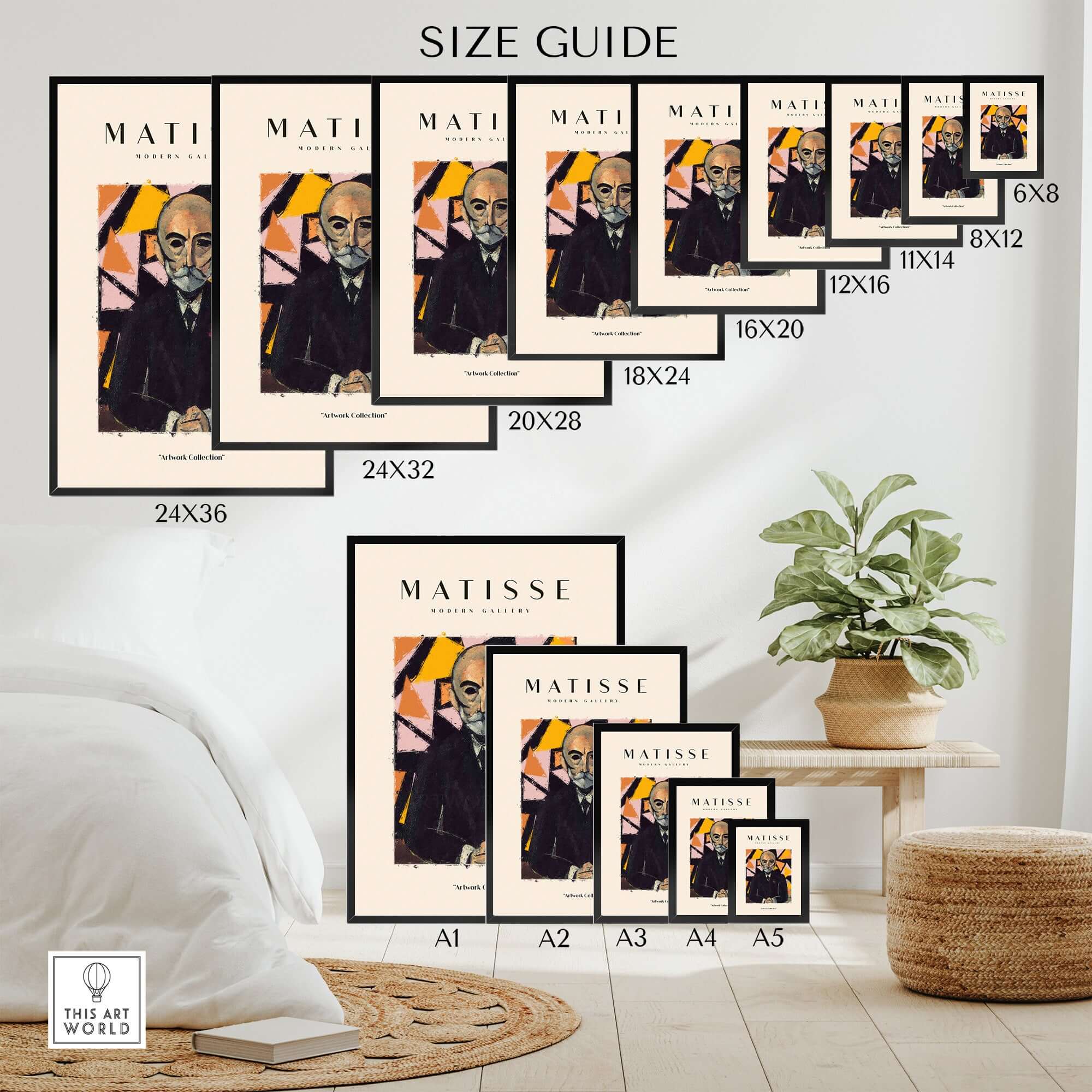 Matisse Art Prints - Portrait Man in Suit Geometric Wall Art size guide showcasing various frame dimensions.