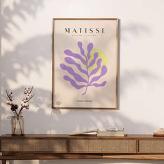Matisse Art Prints - Purple Botanical Abstract Poster displayed on a wooden console table with floral decor.