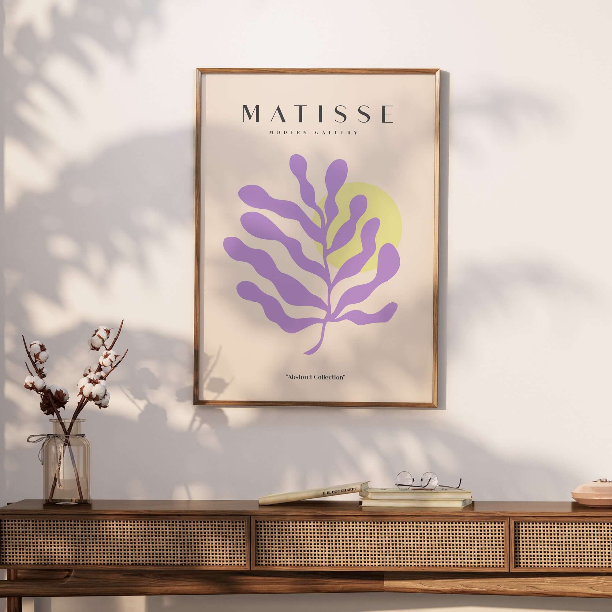 Matisse Art Prints - Purple Botanical Abstract Poster displayed on a wooden console table with floral decor.