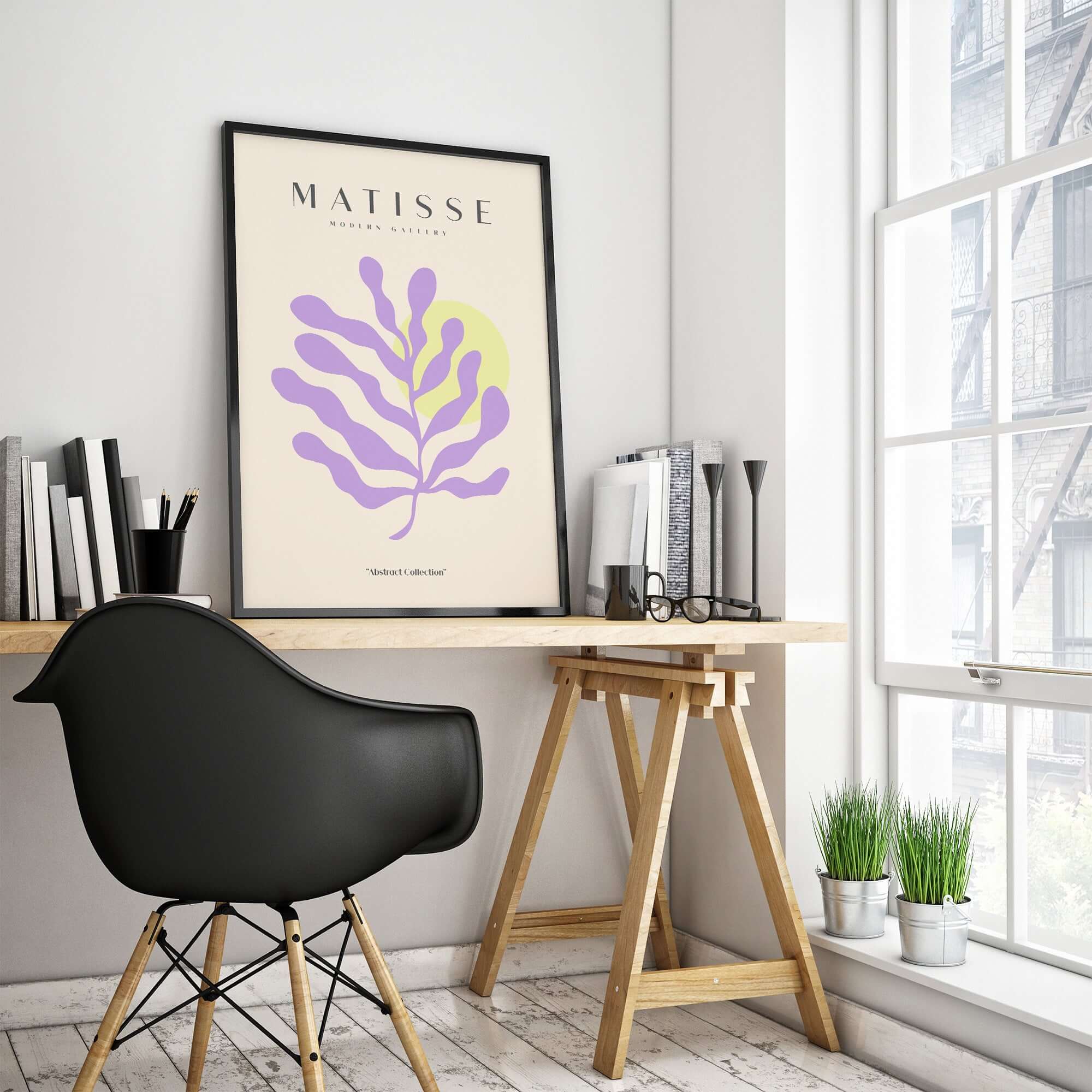 Matisse Art Prints - Purple Botanical Abstract Poster displayed in modern workspace with black chair and plants.