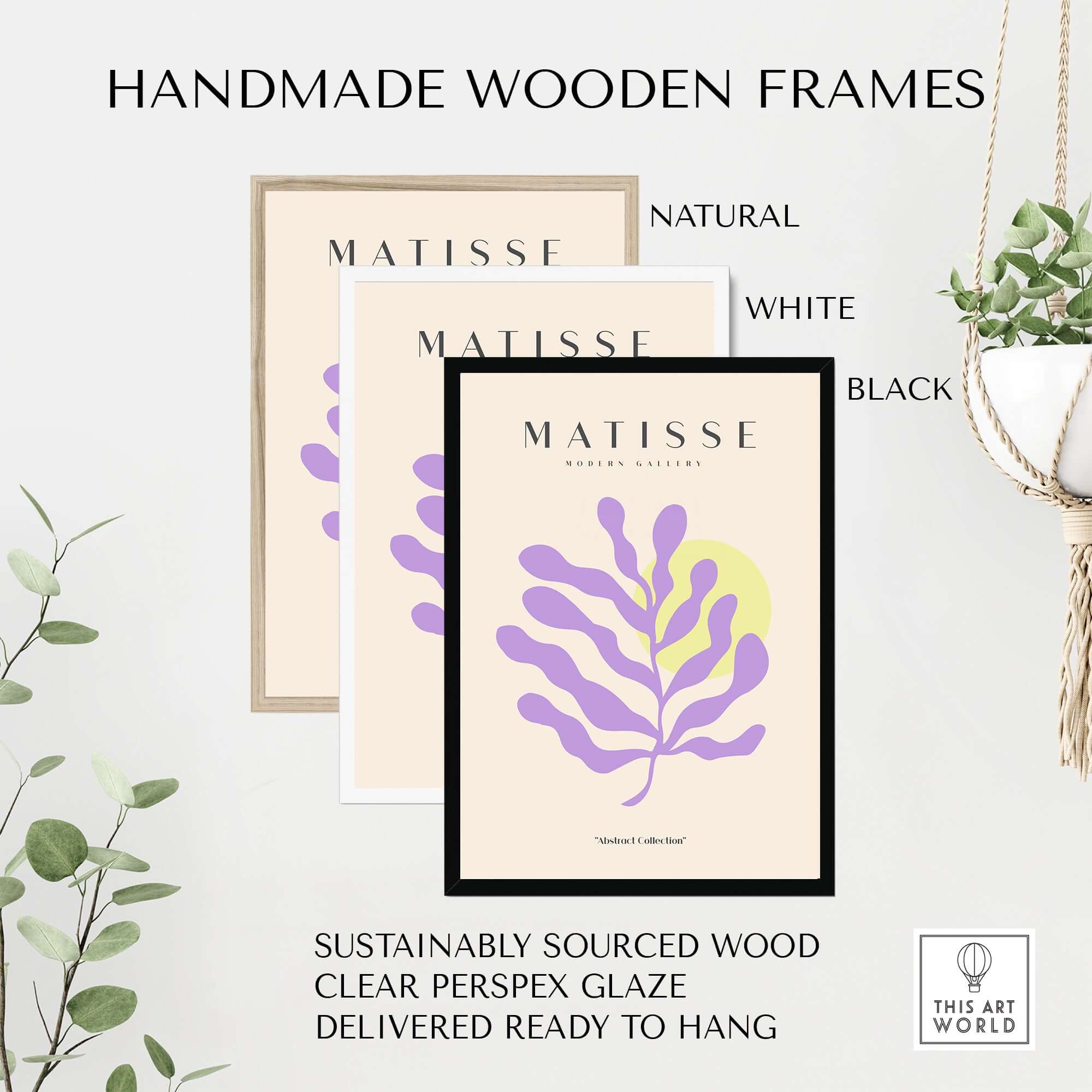 Matisse Art Prints - Purple Botanical Abstract Poster with handmade wooden frames in black, white, and natural finishes.