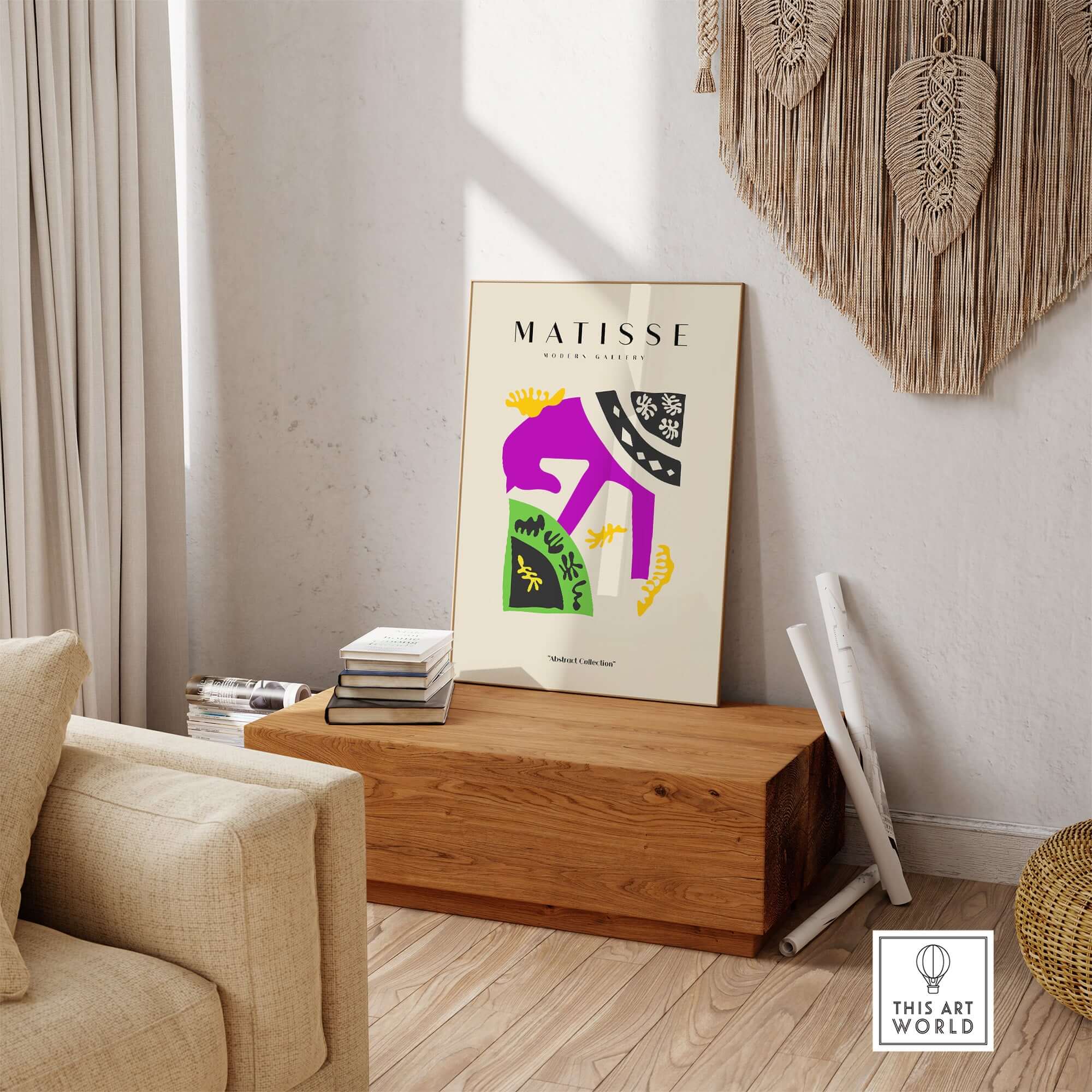 Matisse Art Prints - Purple Horse Abstract Figure Collage Poster displayed in a modern living room setting.