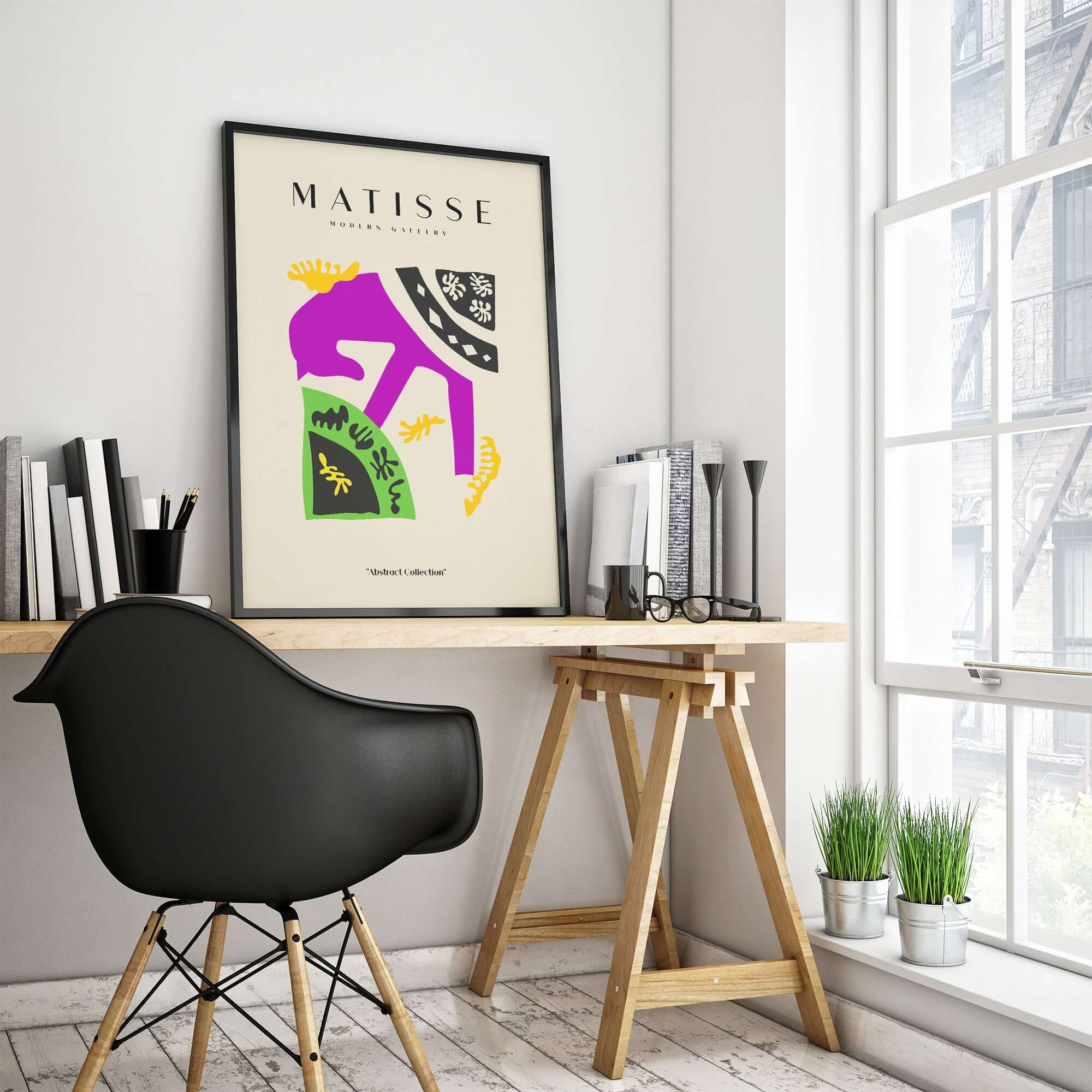 Matisse Art Prints - Purple Horse Abstract Figure Collage Poster displayed in a stylish interior with modern decor.