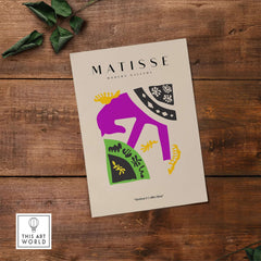 Matisse Art Prints - Purple Horse Abstract Figure Collage Poster on wooden background with plant leaves