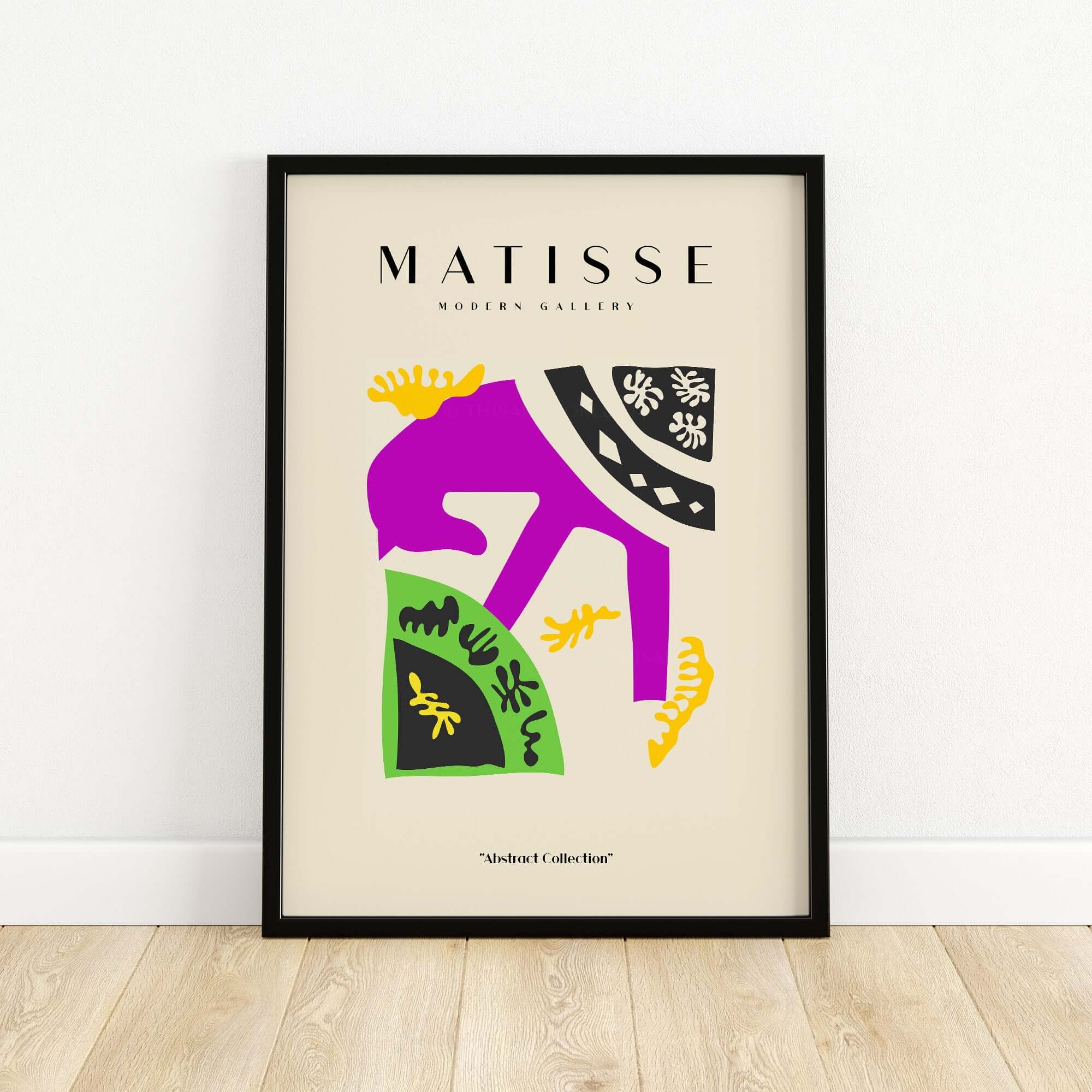 Matisse Art Prints - Purple Horse Abstract Figure Collage Poster framed in modern gallery setting.
