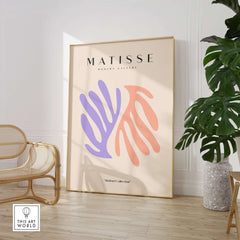 Matisse Art Prints - Purple Peach Abstract Leaves Poster displayed in a modern interior with elegant decor.