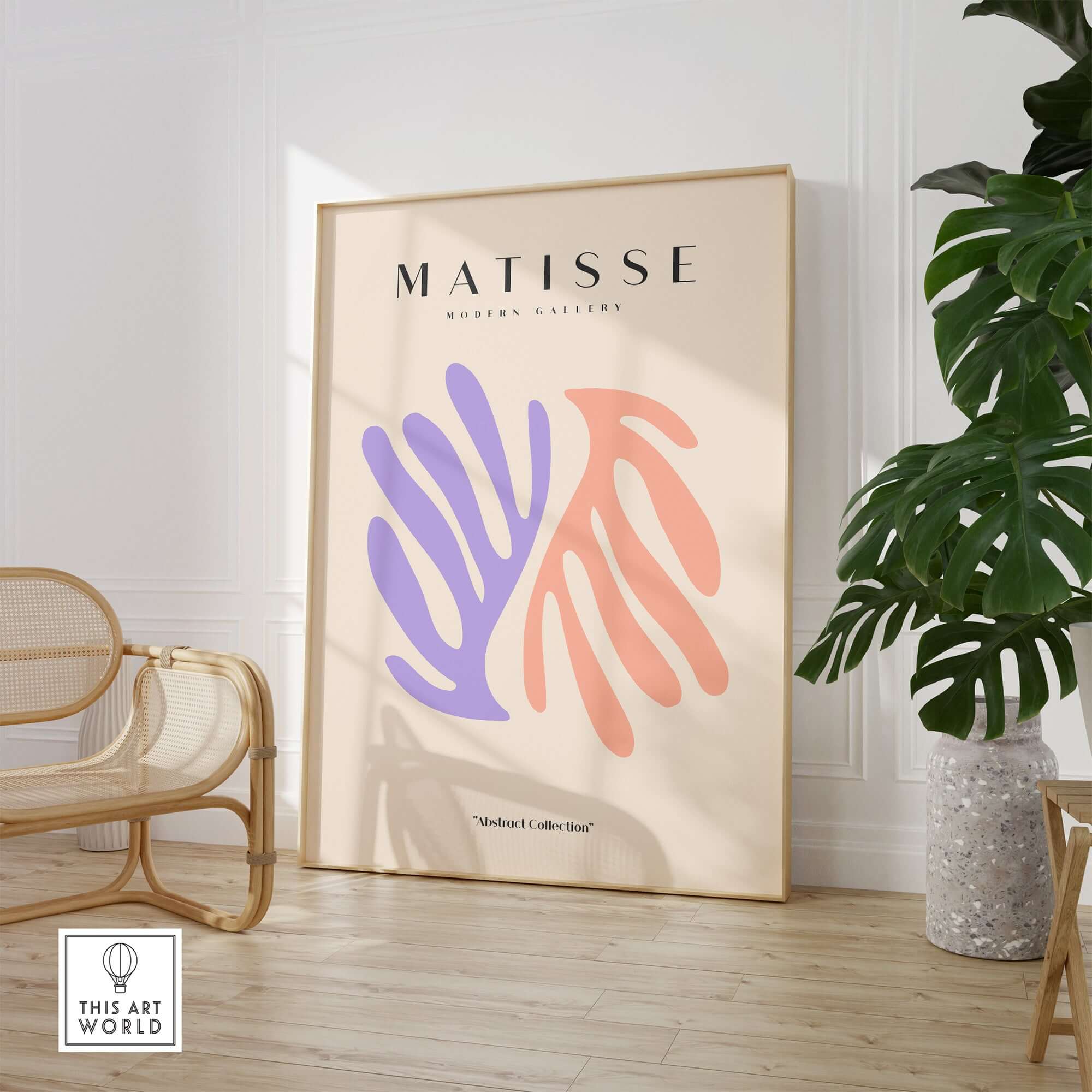 Matisse Art Prints - Purple Peach Abstract Leaves Poster displayed in a modern interior with elegant decor.