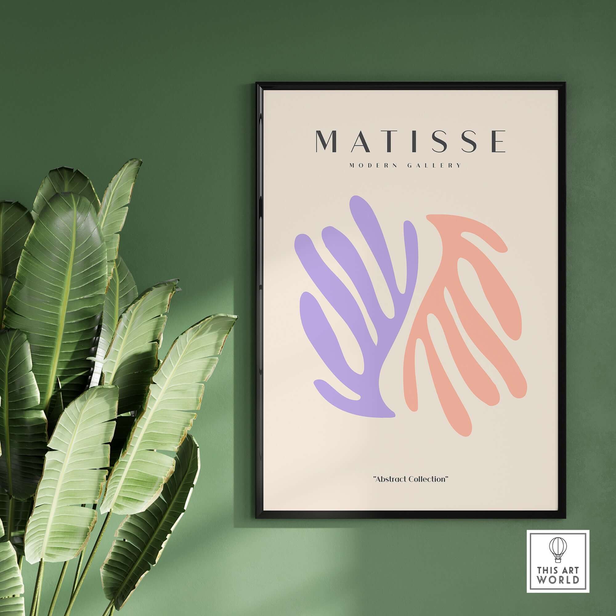 Matisse Art Prints - Purple Peach Abstract Leaves Poster showcased in a modern gallery setting with lush greenery.