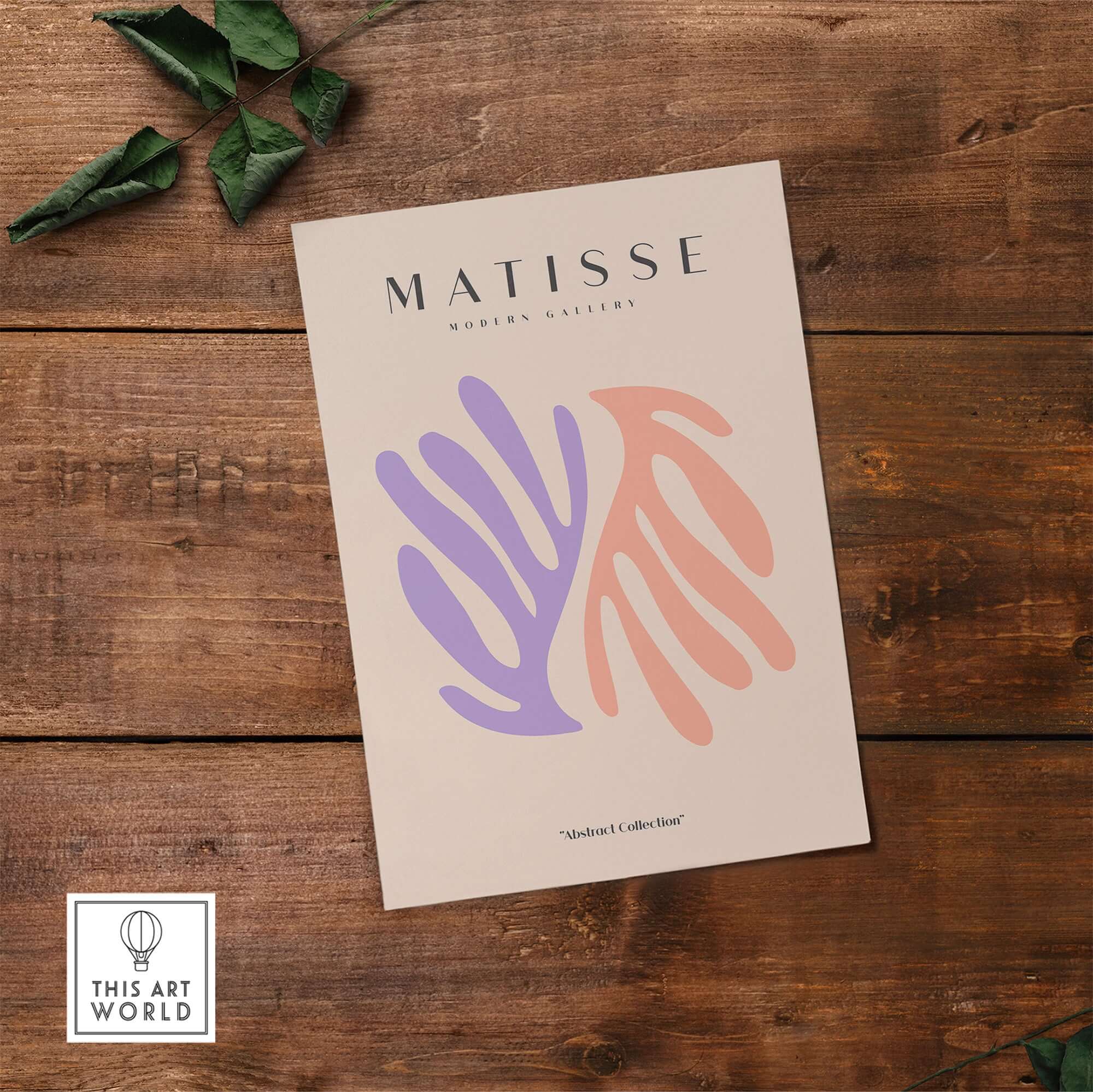 Matisse Art Prints - Purple Peach Abstract Leaves Poster featured on wooden surface with green leaves.