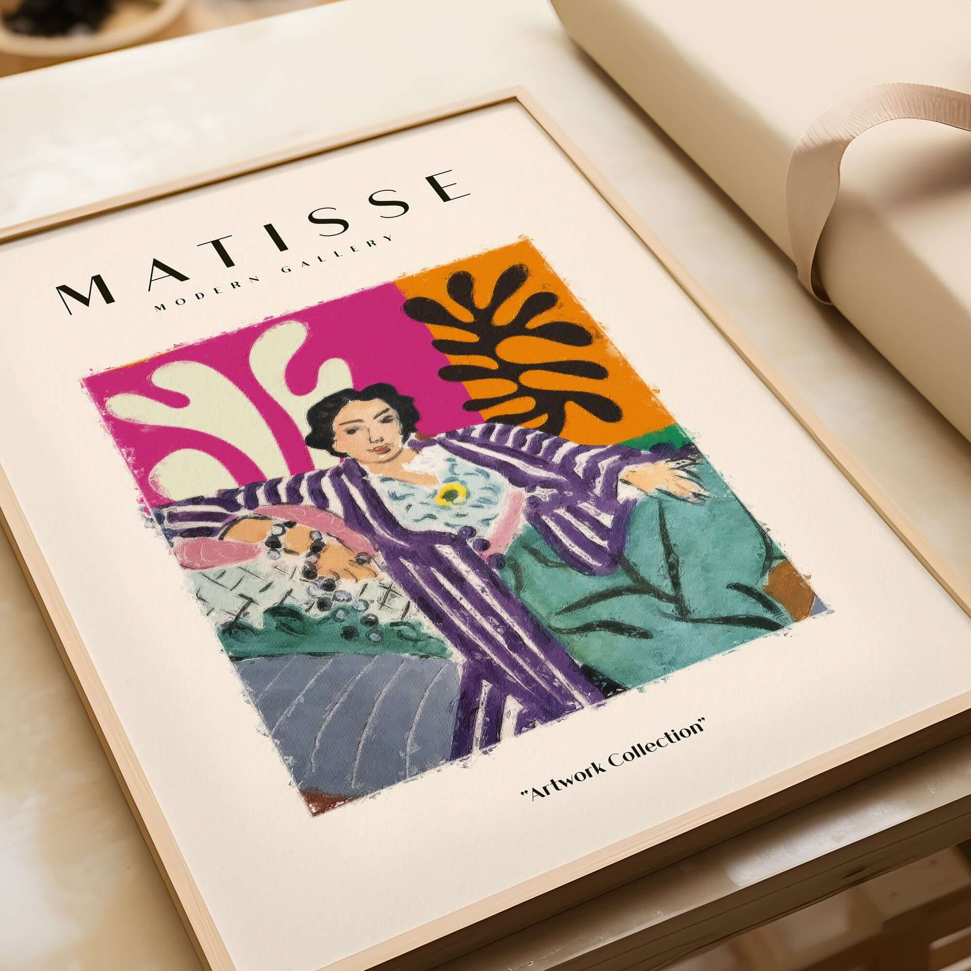 Matisse Art Prints - Reclining Woman Striped Robe Abstract Print showcasing vibrant colors and bold patterns in a modern art setting.
