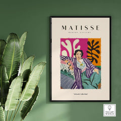 Matisse Art Prints - Reclining Woman Striped Robe Abstract Print displayed in a modern gallery setting with green background.