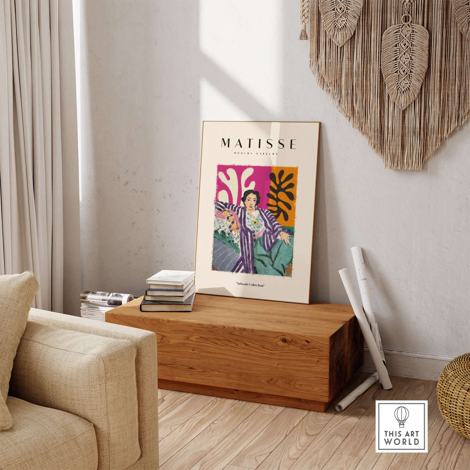 Matisse Art Prints - Reclining Woman Striped Robe Abstract Print displayed in a cozy living room setting.