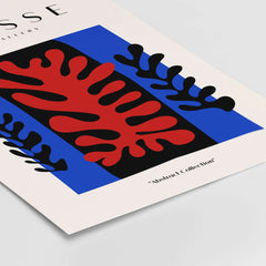Matisse Art Prints - Red Coral Black Leaves Blue Frame Poster featuring bold abstract shapes and vibrant colors.