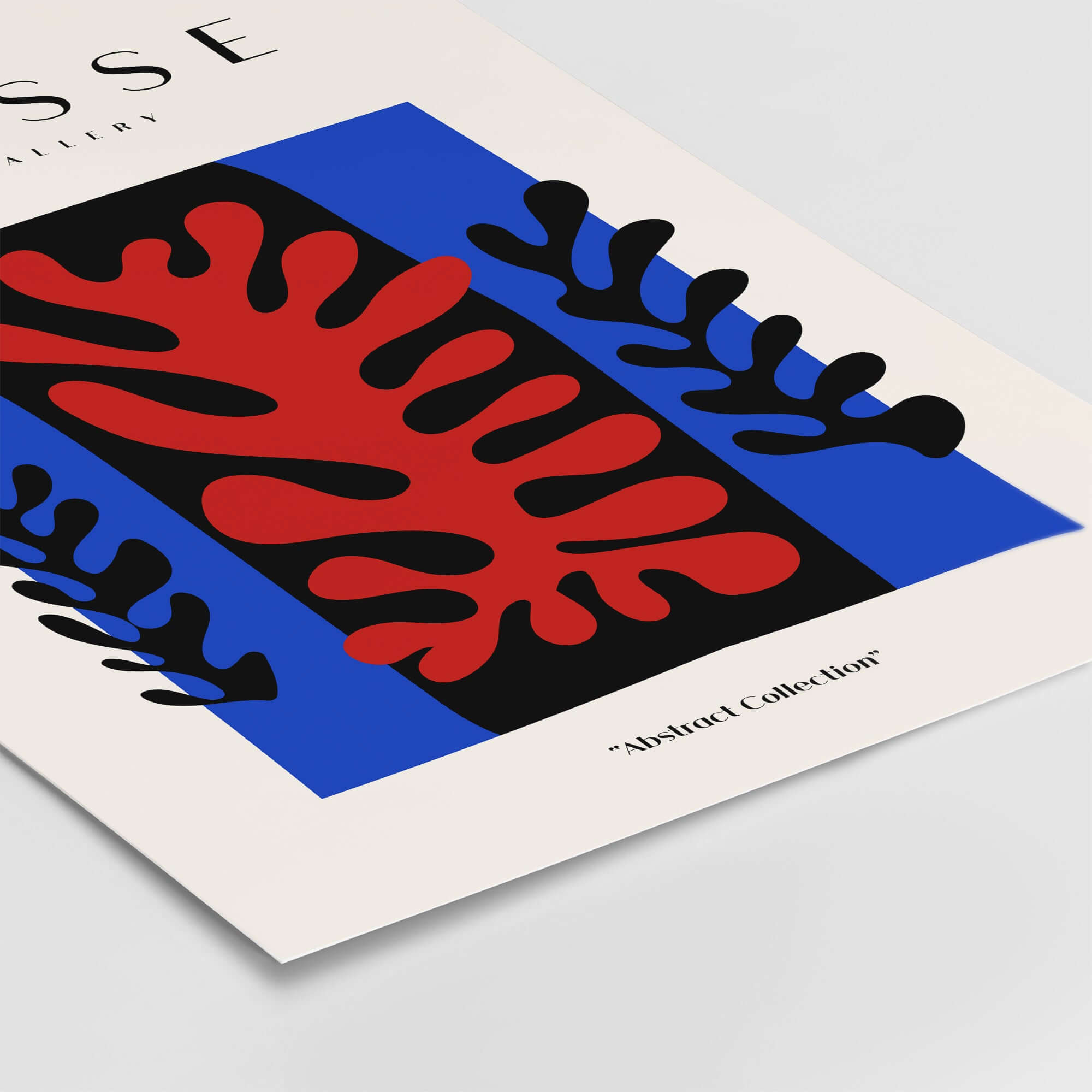 Matisse Art Prints - Red Coral Black Leaves Blue Frame Poster featuring bold abstract shapes and vibrant colors.