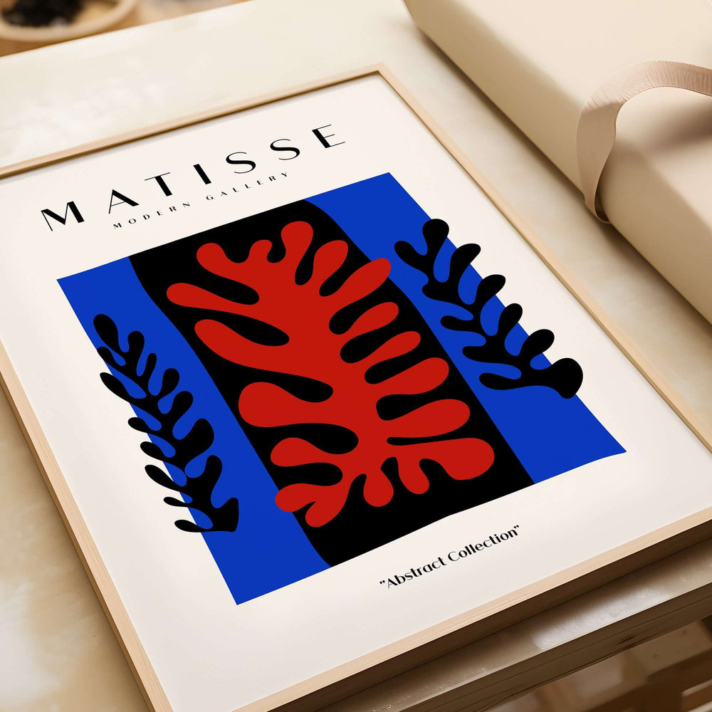Matisse Art Prints -  Red Coral Black Leaves Blue Frame Poster featuring abstract shapes in a vibrant composition.