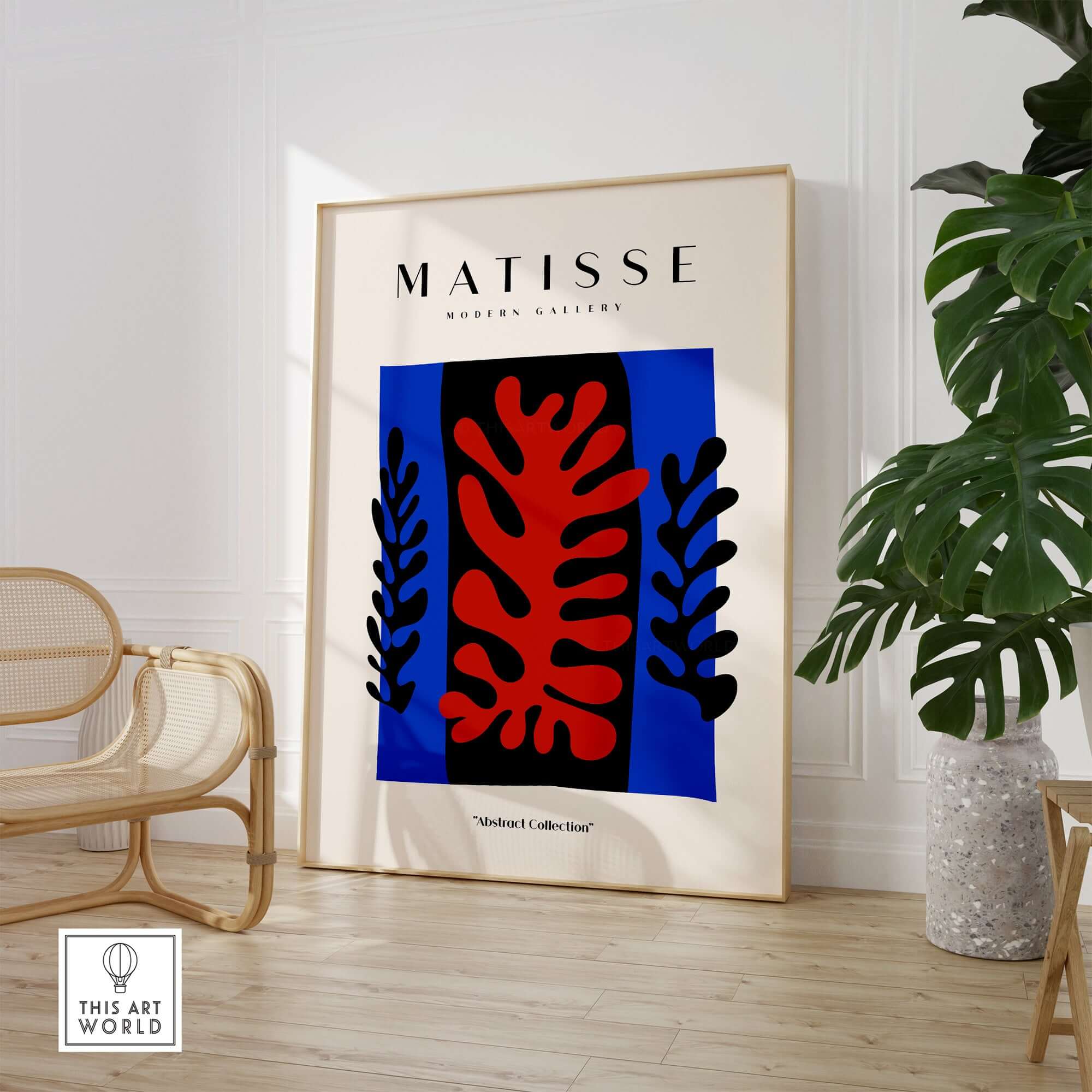 Matisse Art Prints -  Red Coral Black Leaves Blue Frame Poster displayed in modern decor setting.