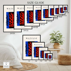 Matisse Art Prints - Red Coral Black Leaves Blue Frame Poster size guide showcasing various frame sizes for decor selection.