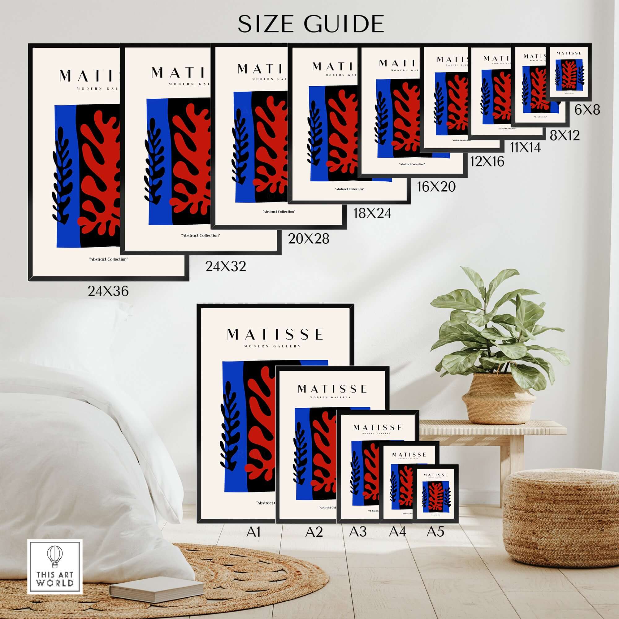 Matisse Art Prints - Red Coral Black Leaves Blue Frame Poster size guide showcasing various frame sizes for decor selection.