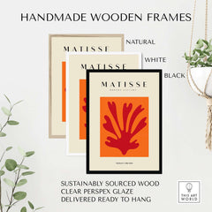 Handmade wooden frames for Matisse Art Prints - Red Leaf Abstract Orange Square Poster, available in natural, white, and black.