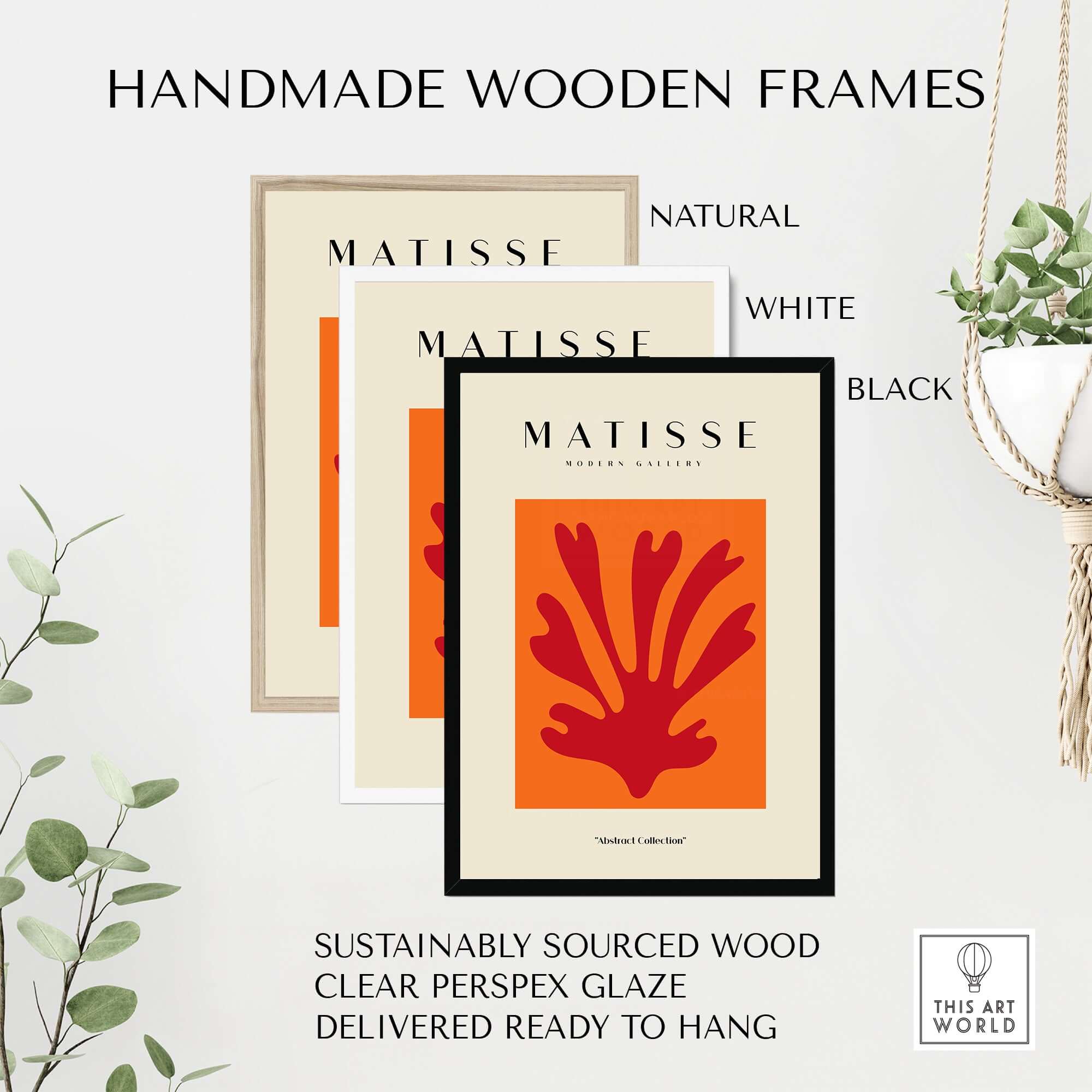 Handmade wooden frames for Matisse Art Prints - Red Leaf Abstract Orange Square Poster, available in natural, white, and black.